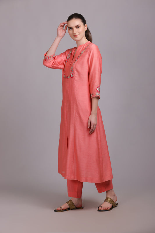 M7-8B ROSE PINK PARSI EMBROIDERED A-LINE KURTA SET