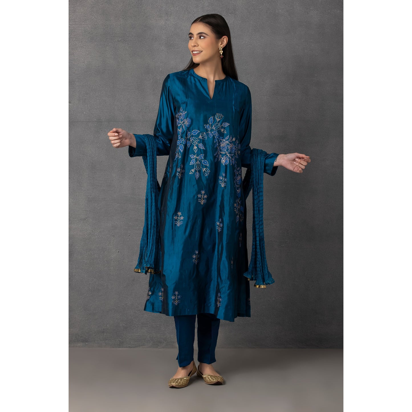 M10-13 DARK BLUE GOLDEN KHADI EMBROIDERED KURTA COMES ALONG WITH PANTS AND DUPATTA