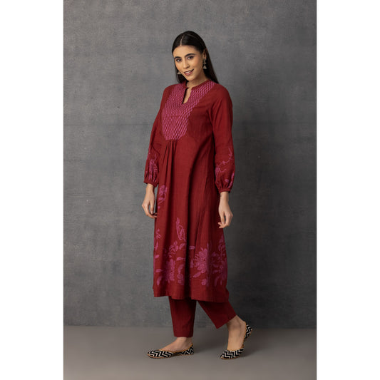 M9-04 MAHROON SOFT KHADI PRINTED A-LINE KURTA SET