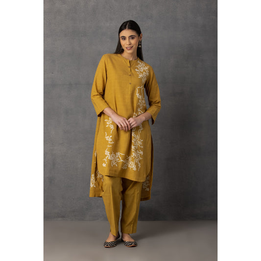 M9-08 YELLOW SOFT KHADI PRINTED ASYMMETRICAL TUNIC SET