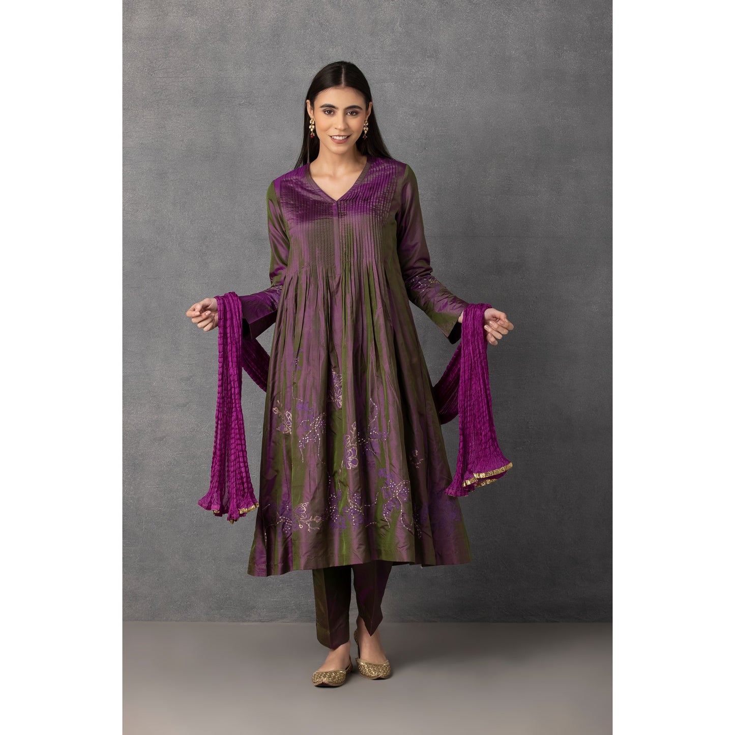 M10-12 WINE GOLDEN KHADI EMBROIDERED KURTA COMES ALONG WITH PANTS AND DUPATTA