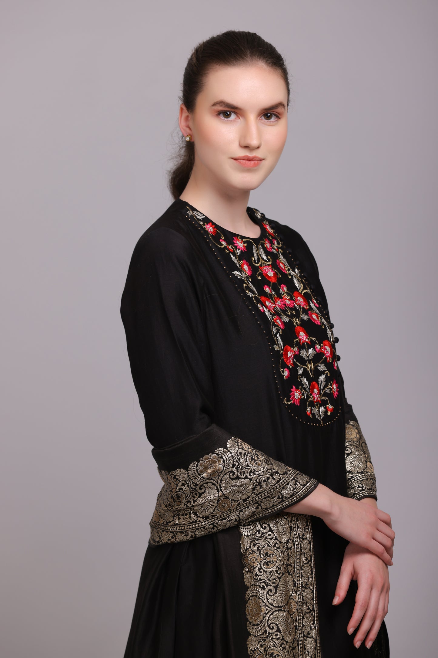 M7-02A BLACK EMBROIDERED KURTA SET