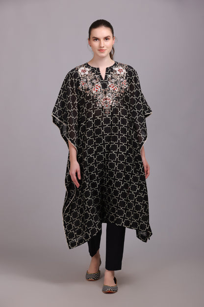 M6-10B BLACK GEOMETRIC PRINT PITTA EMBROIDERED KAFTAAN SET