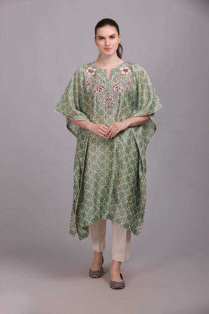 M6-10A SAGE GREEN GEOMETRIC PRINT PITTA EMBROIDERED KAFTAAN SET