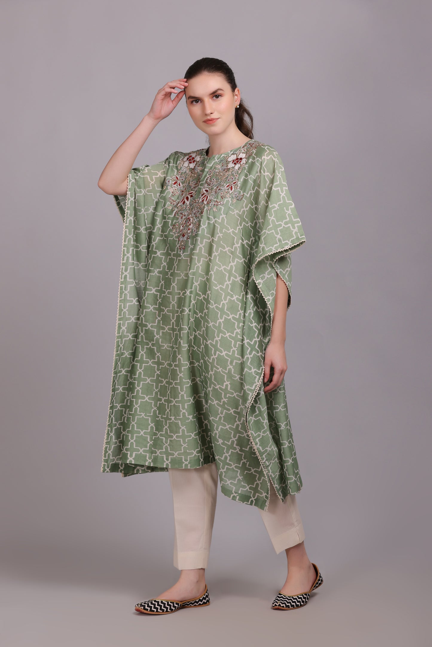 M6-10A SAGE GREEN GEOMETRIC PRINT PITTA EMBROIDERED KAFTAAN SET