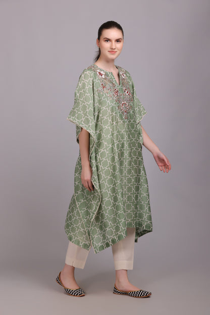 M6-10A SAGE GREEN GEOMETRIC PRINT PITTA EMBROIDERED KAFTAAN SET