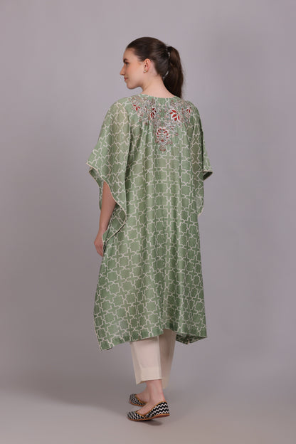 M6-10A SAGE GREEN GEOMETRIC PRINT PITTA EMBROIDERED KAFTAAN SET