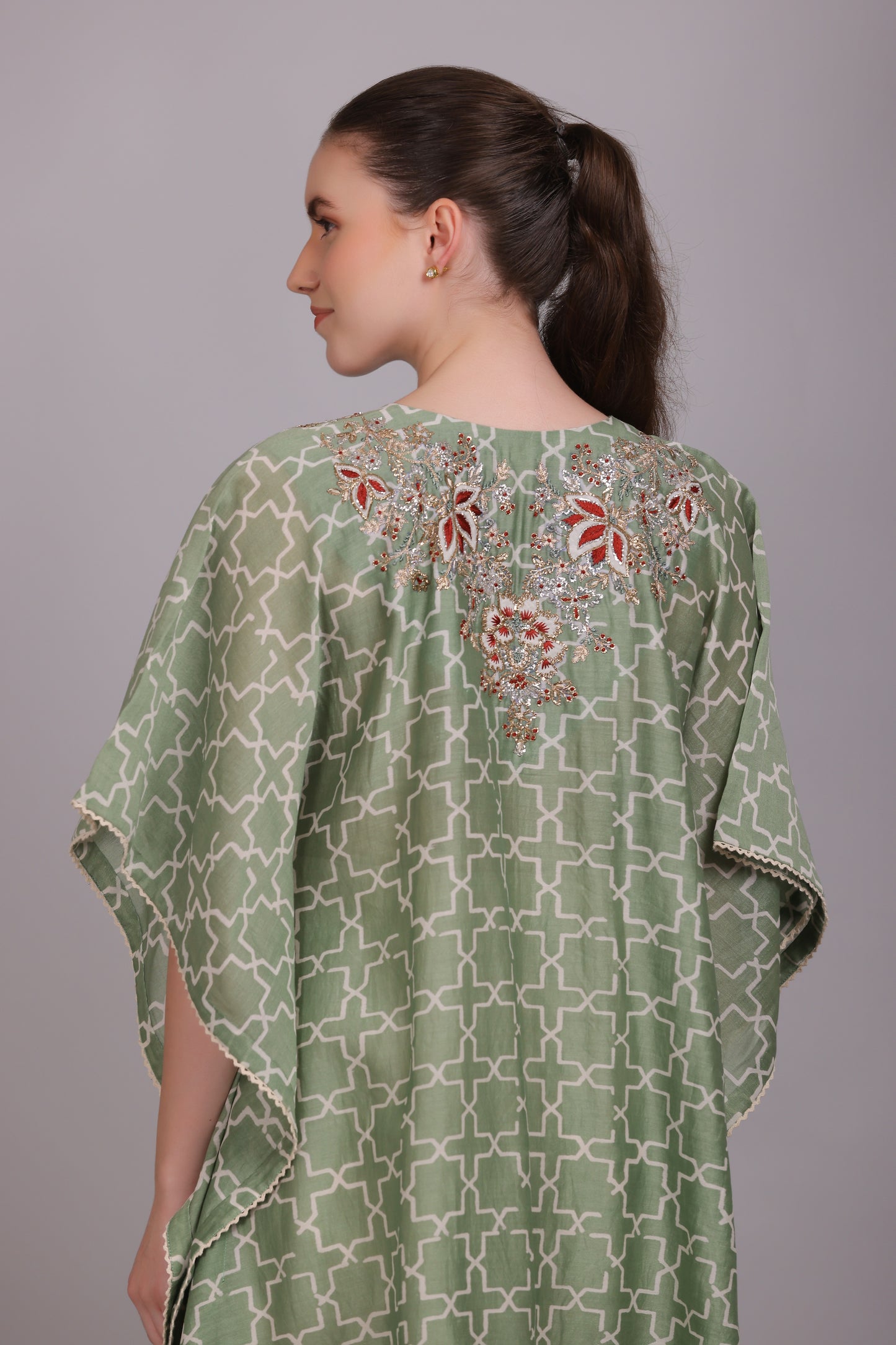 M6-10A SAGE GREEN GEOMETRIC PRINT PITTA EMBROIDERED KAFTAAN SET