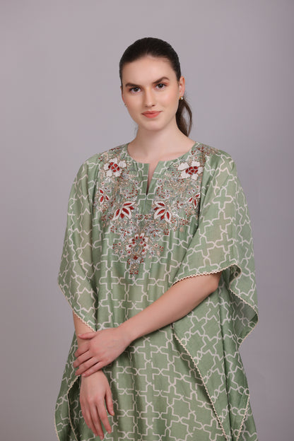 M6-10A SAGE GREEN GEOMETRIC PRINT PITTA EMBROIDERED KAFTAAN SET