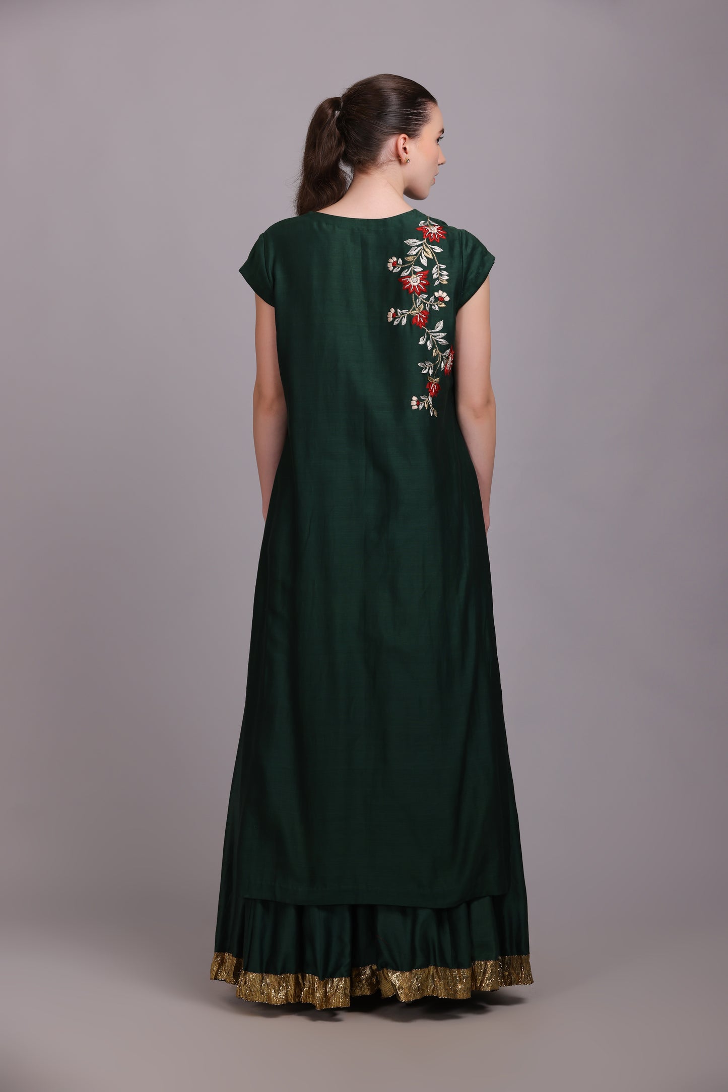 M7-13 EMERALD GREEN EMBROIDERED KURTA WITH CRINKLE SKIRT SET