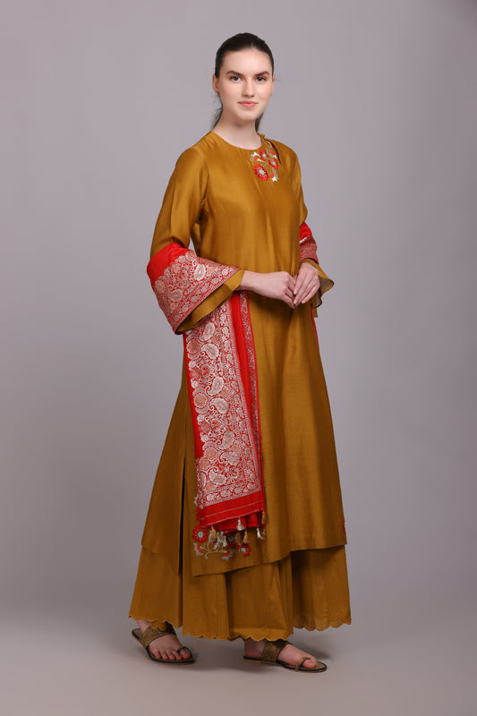 M7-09 MUSTARD PARSI EMBROIDERED KURTA SET