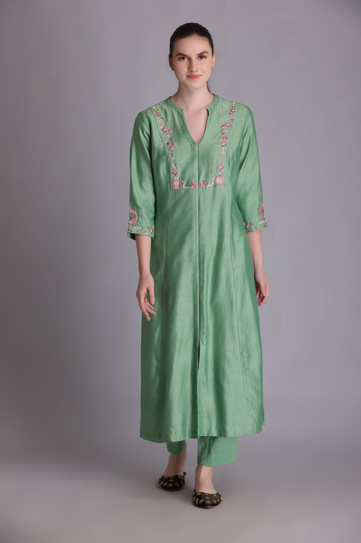 M7-8A MINT GREEN PARSI EMBROIDERED A-LINE KURTA SET