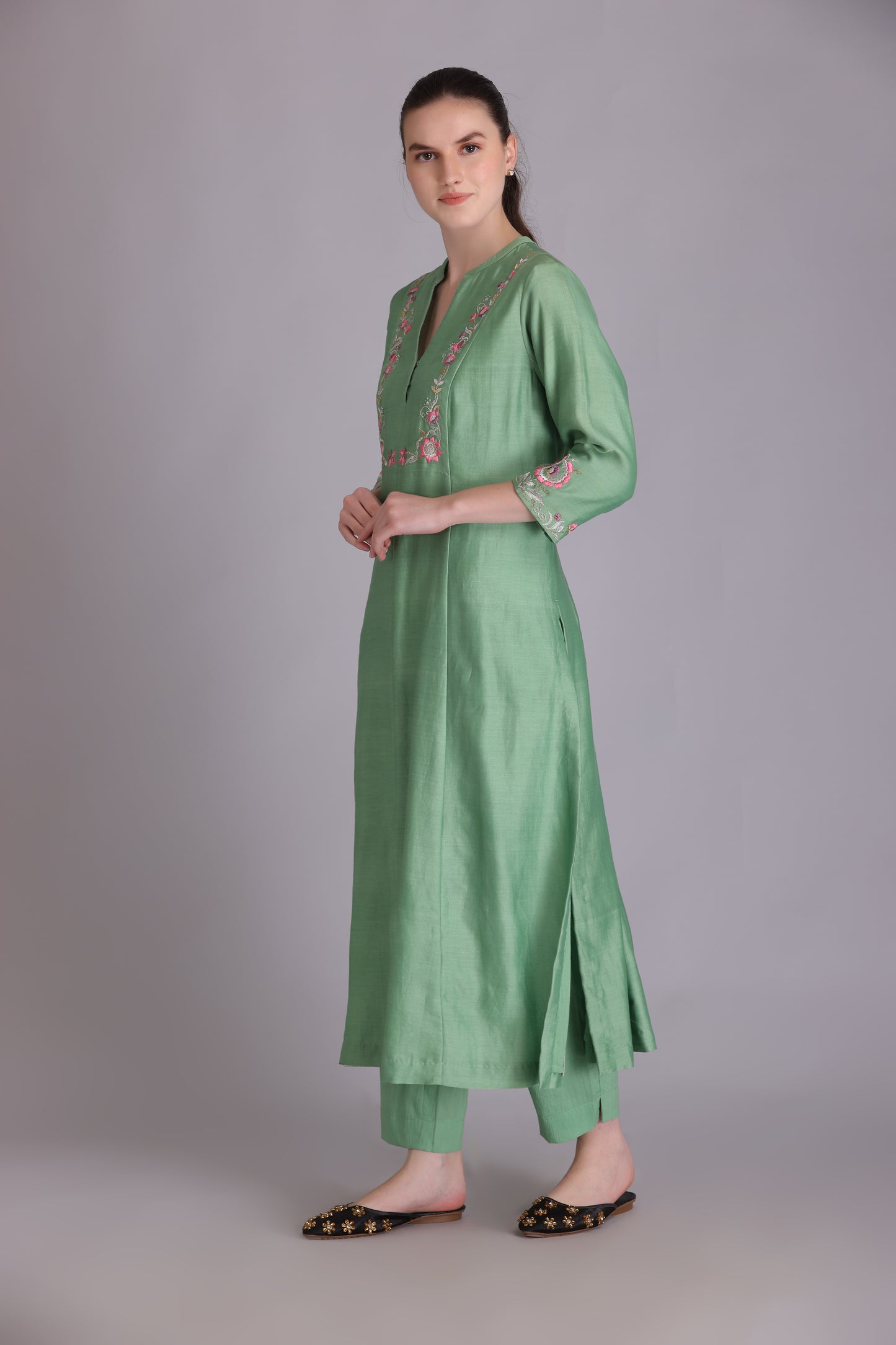 M7-8A MINT GREEN PARSI EMBROIDERED A-LINE KURTA SET