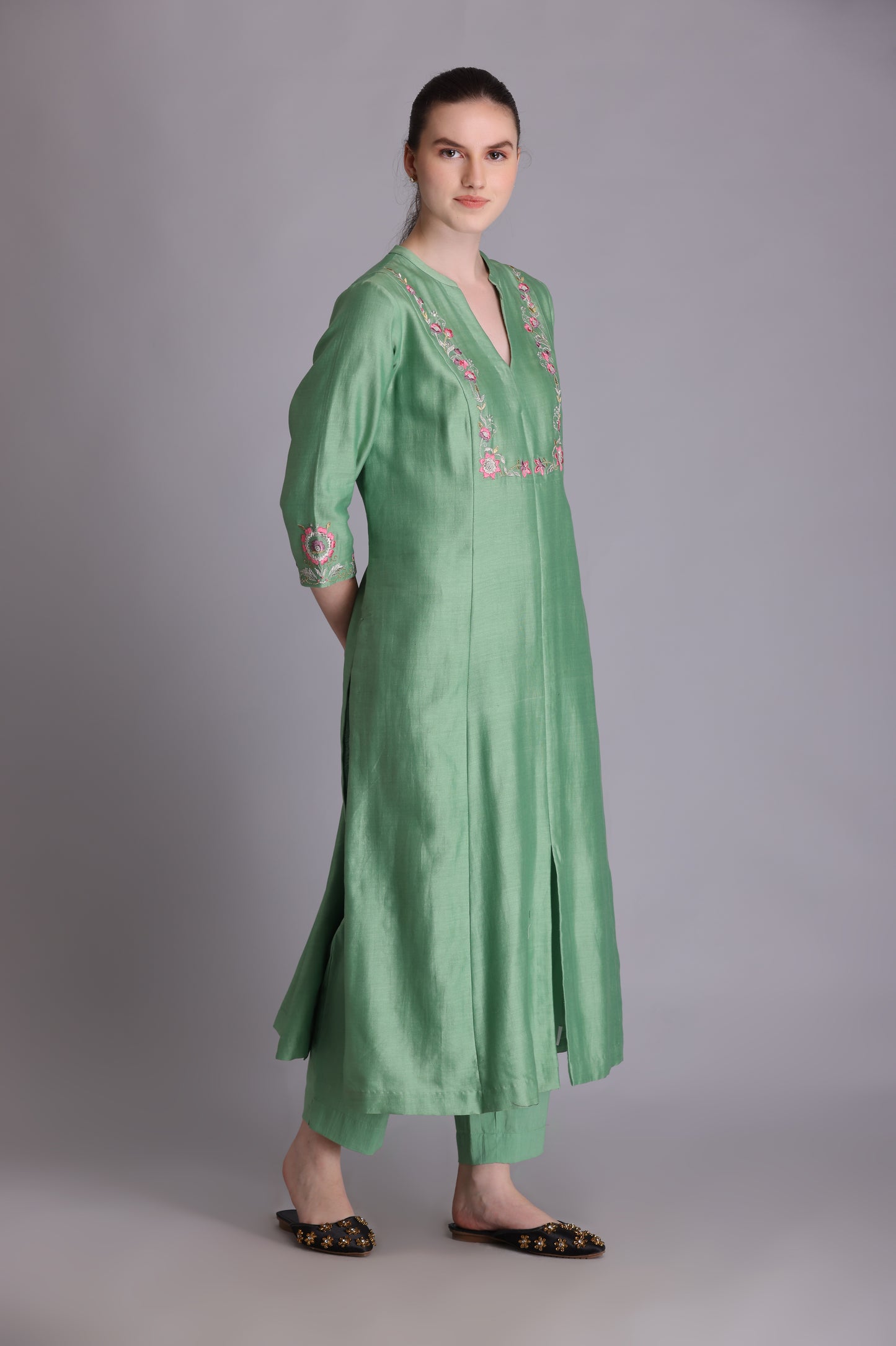 M7-8A MINT GREEN PARSI EMBROIDERED A-LINE KURTA SET