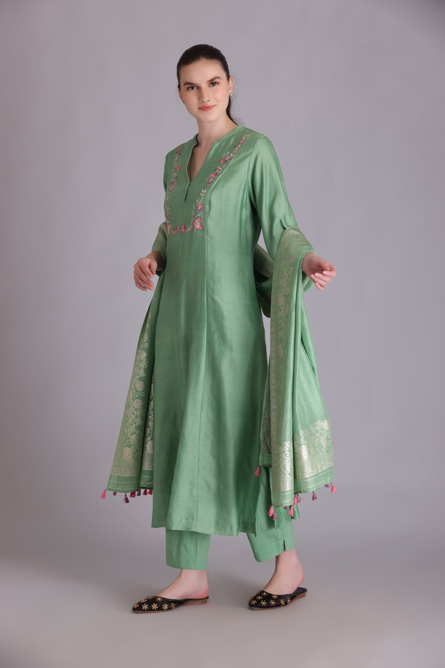 M7-8A MINT GREEN PARSI EMBROIDERED A-LINE KURTA SET
