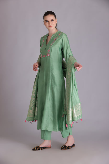 M7-8A MINT GREEN PARSI EMBROIDERED A-LINE KURTA SET
