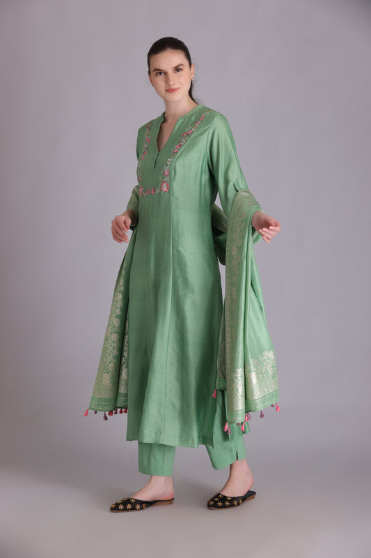 M7-8A MINT GREEN PARSI EMBROIDERED A-LINE KURTA SET