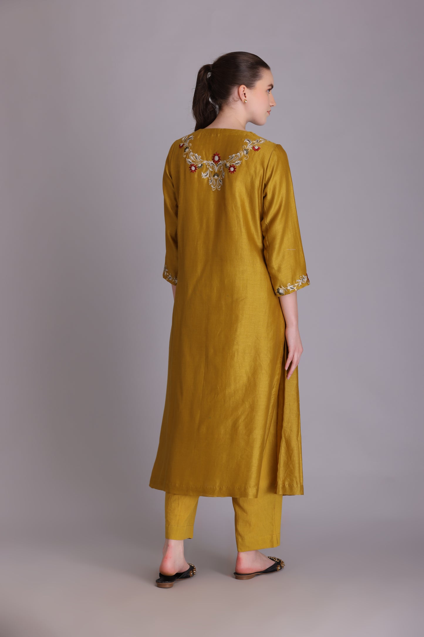 M7-11A YELLOW PARSI EMBROIDERED KURTA SET