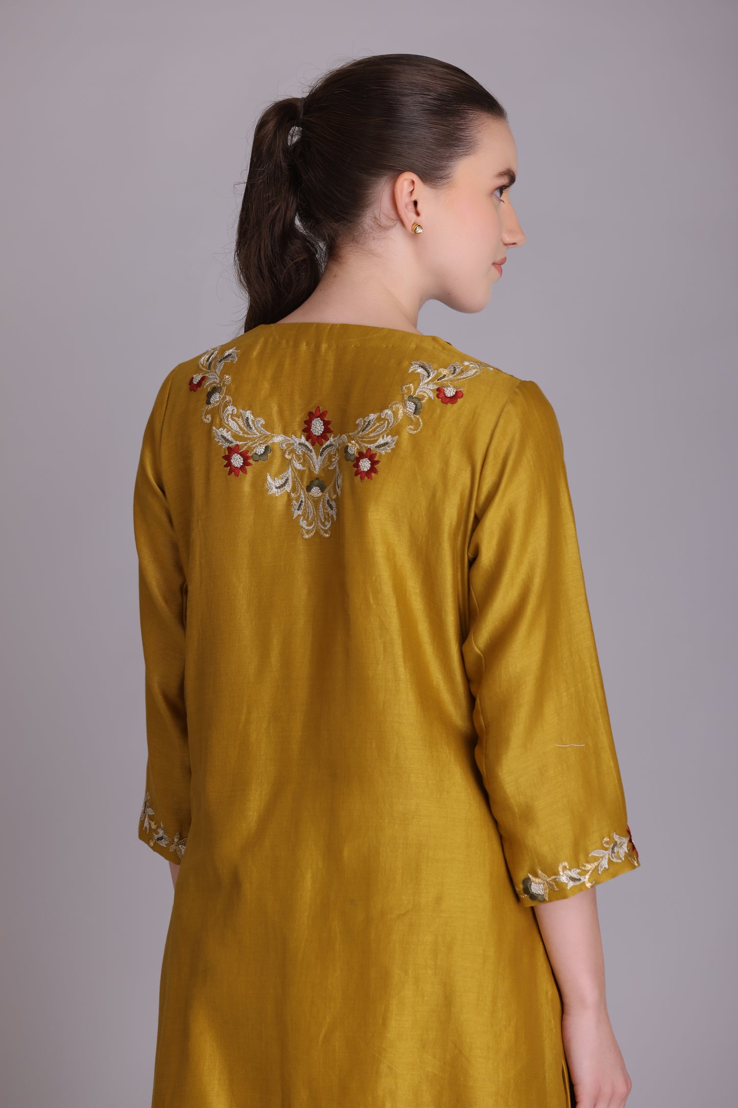 M7-11A YELLOW PARSI EMBROIDERED KURTA SET