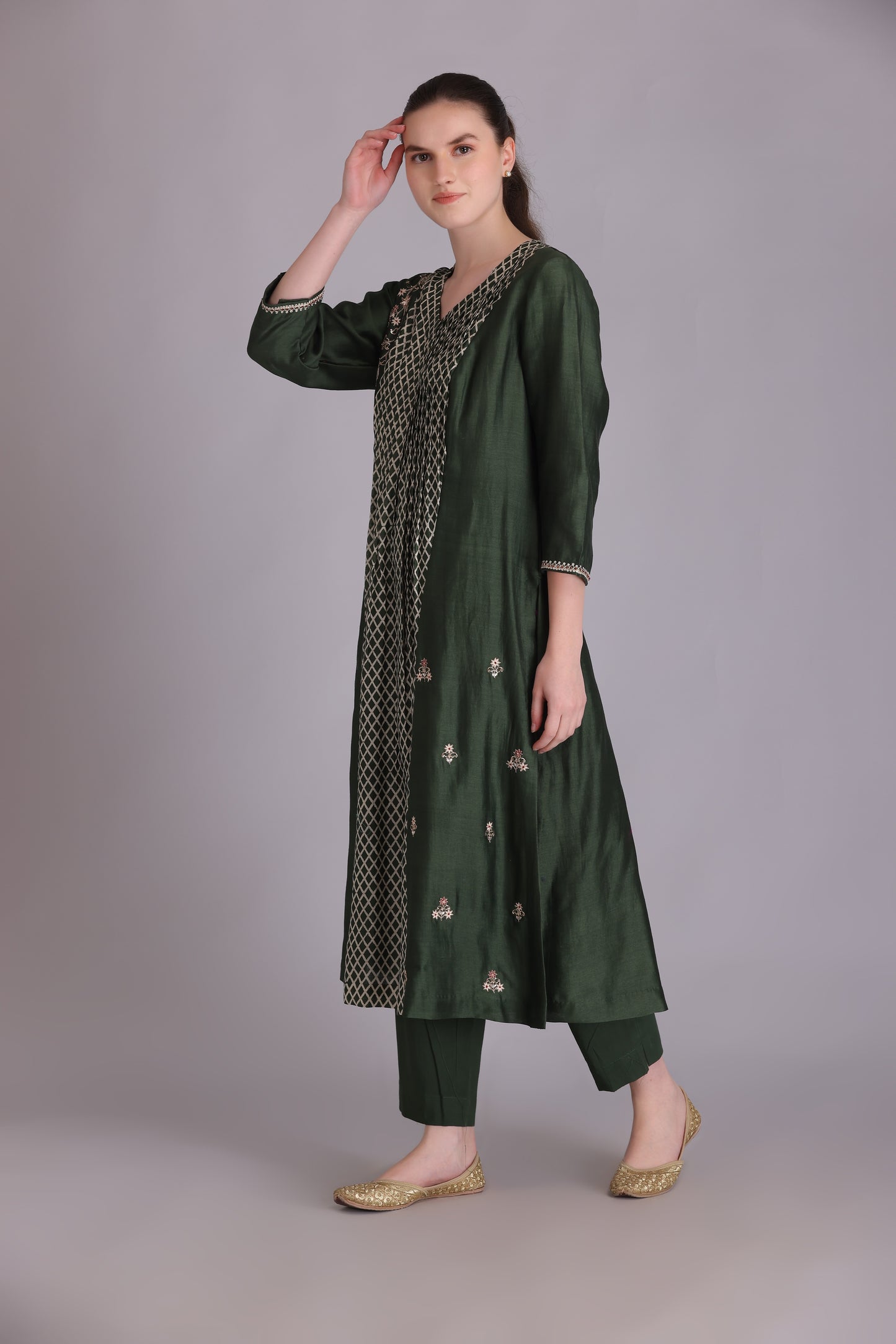 M6-08C MEHENDI GREEN EMBROIDERED KURTA SET