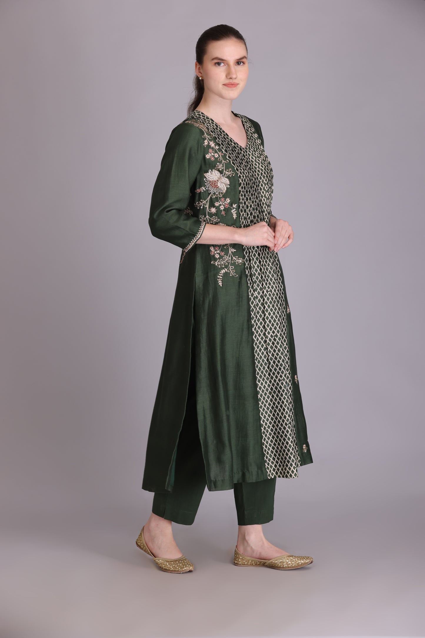 M6-08C MEHENDI GREEN EMBROIDERED KURTA SET