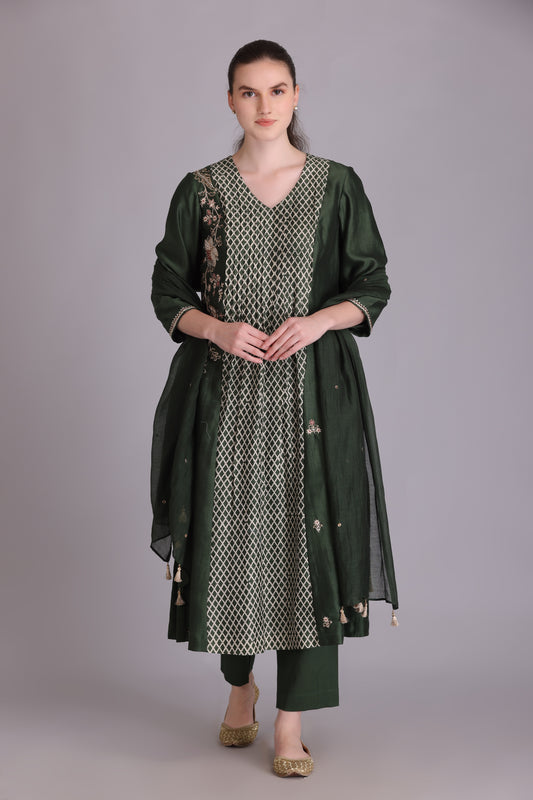 M6-08C MEHENDI GREEN EMBROIDERED KURTA SET