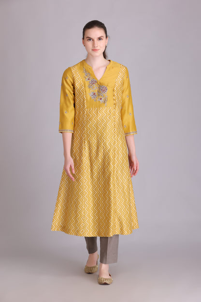M6-11 YELLOW PITTA EMBROIDERED A-LINE KURTA SET
