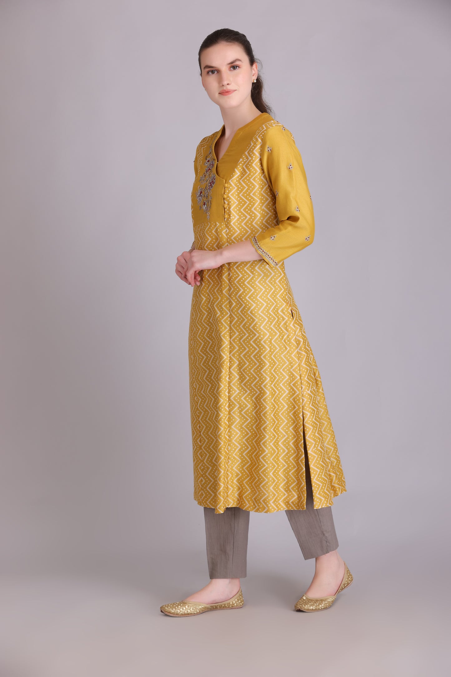 M6-11 YELLOW PITTA EMBROIDERED A-LINE KURTA SET