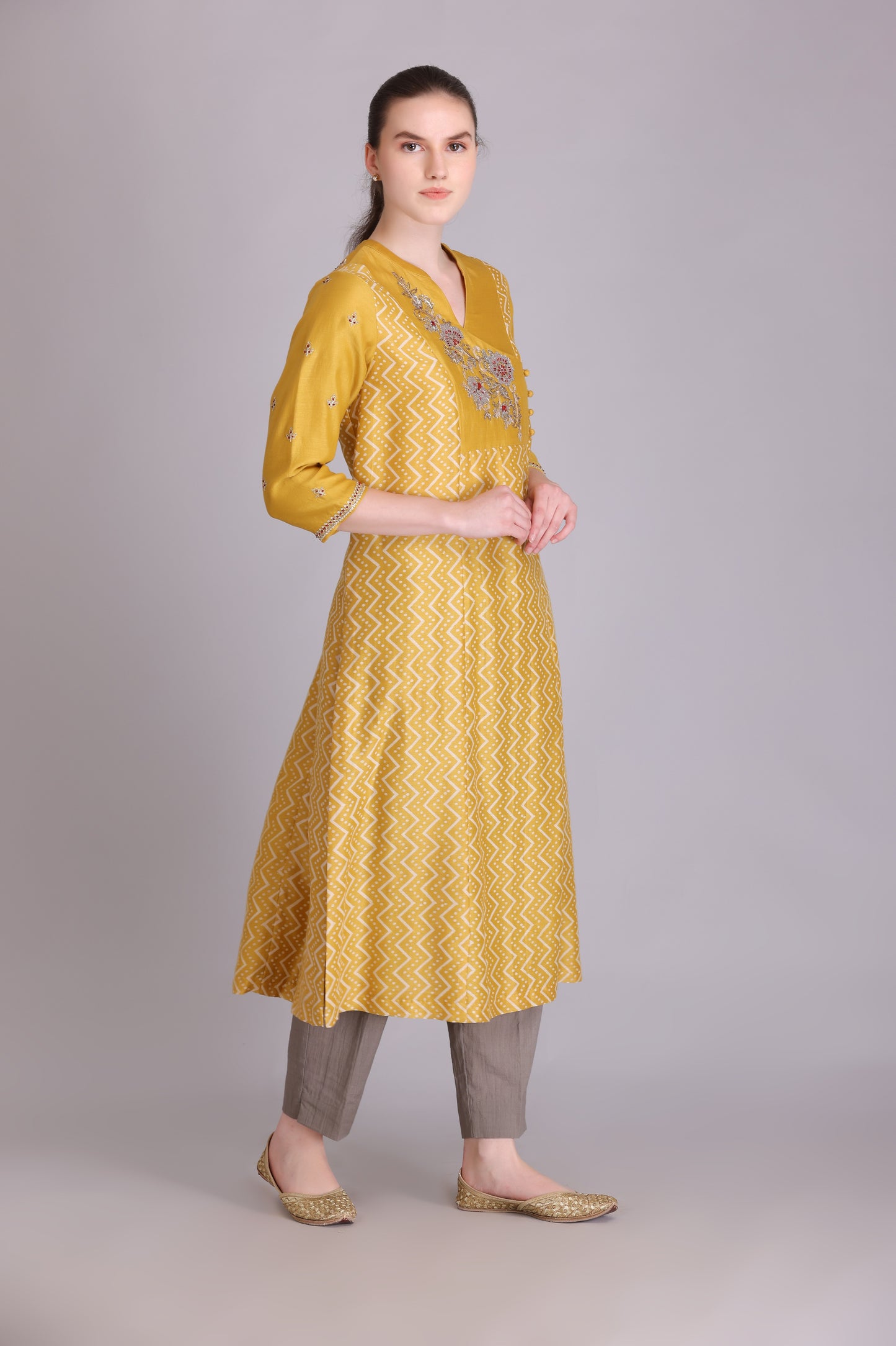M6-11 YELLOW PITTA EMBROIDERED A-LINE KURTA SET