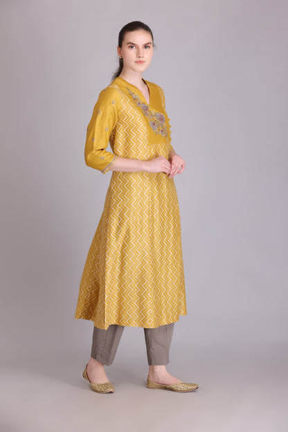 M6-11 YELLOW PITTA EMBROIDERED A-LINE KURTA SET