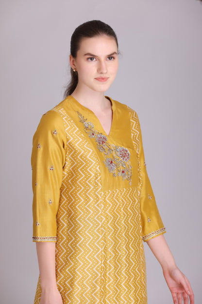 M6-11 YELLOW PITTA EMBROIDERED A-LINE KURTA SET