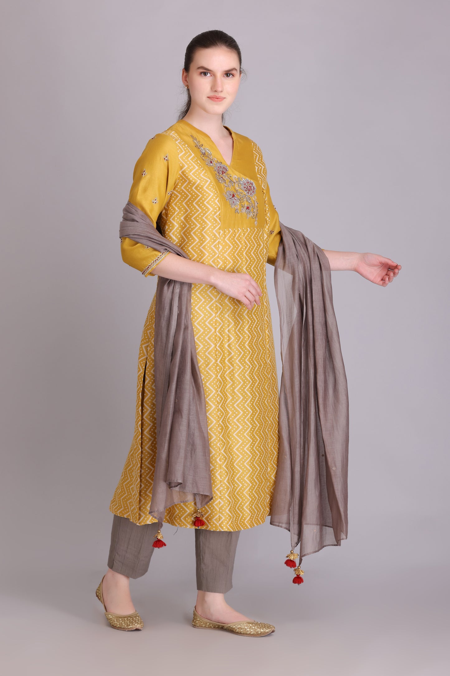 M6-11 YELLOW PITTA EMBROIDERED A-LINE KURTA SET