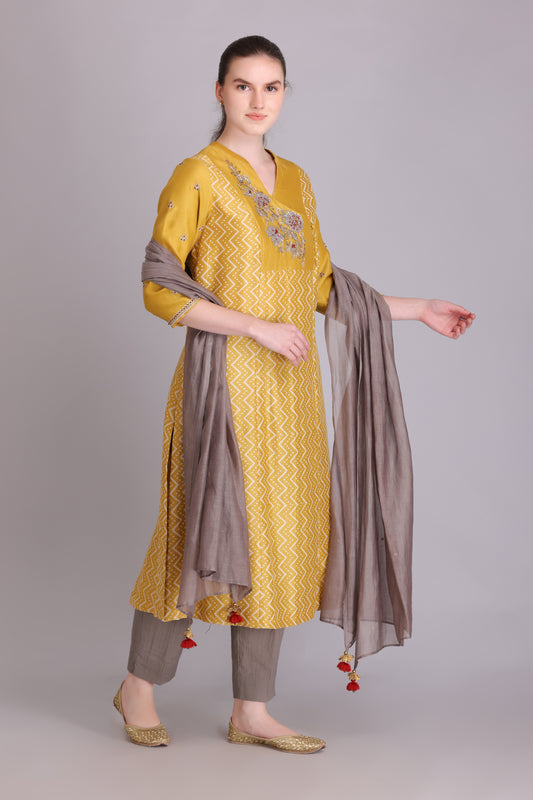 M6-11 YELLOW PITTA EMBROIDERED A-LINE KURTA SET
