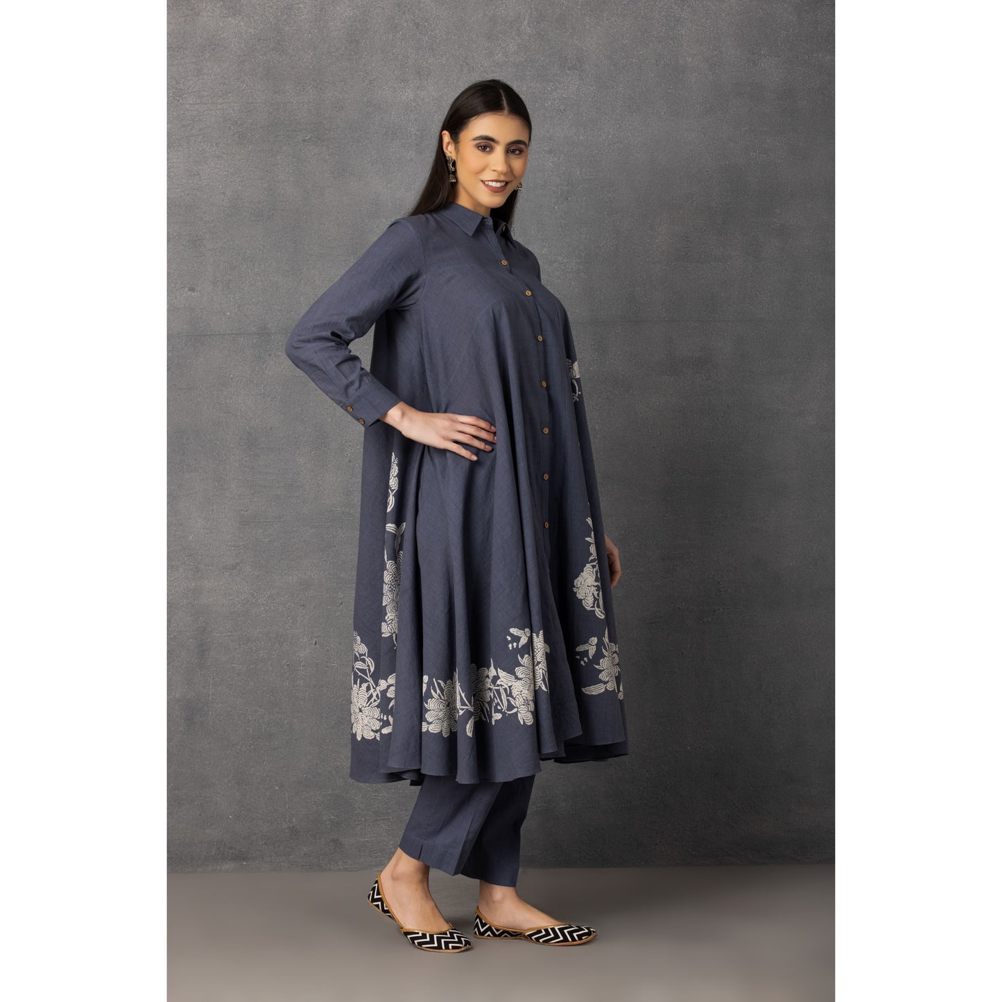 M9-09 GRAY SOFT KHADI PRINTED ASYMMETRICAL TUNIC SET