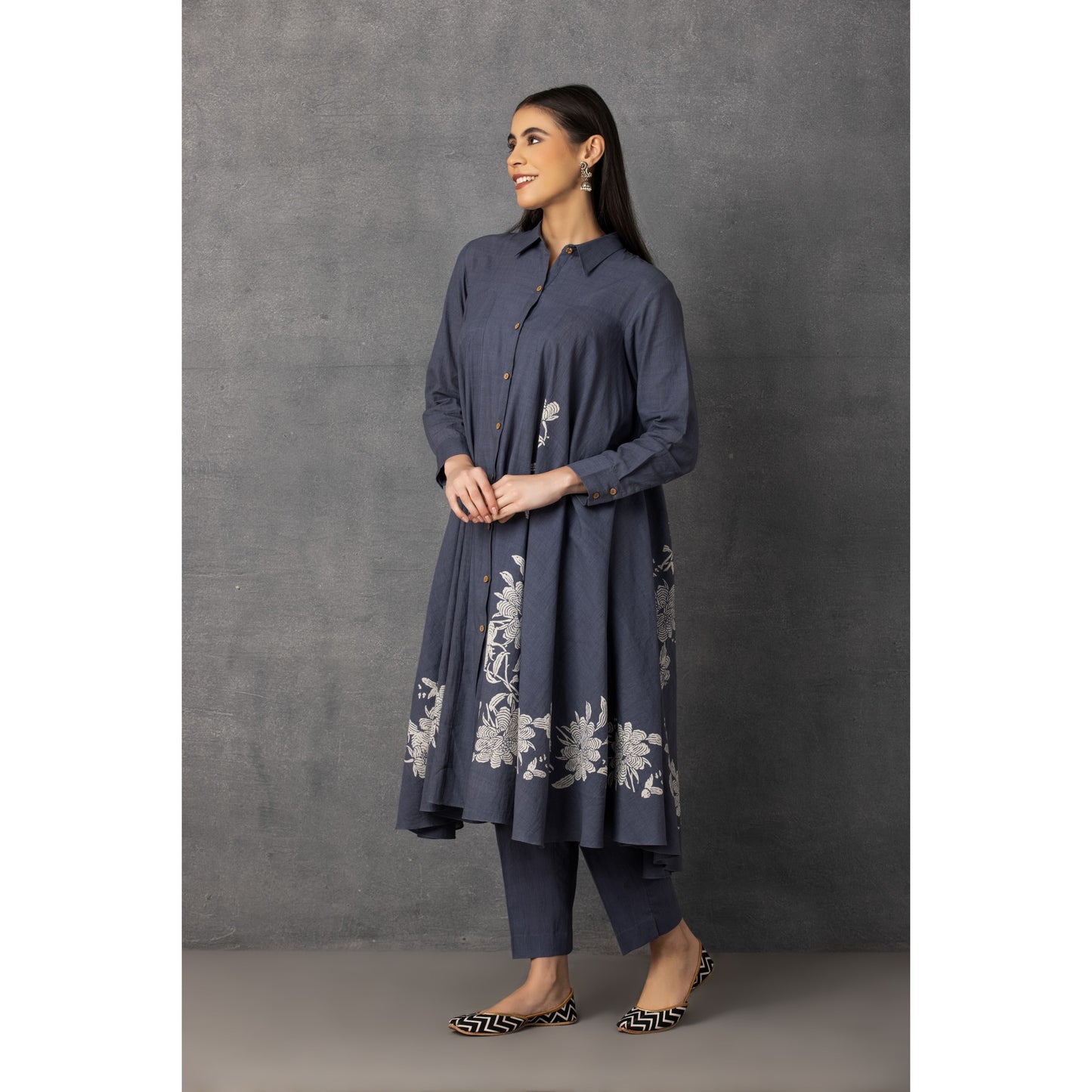 M9-09 GRAY SOFT KHADI PRINTED ASYMMETRICAL TUNIC SET