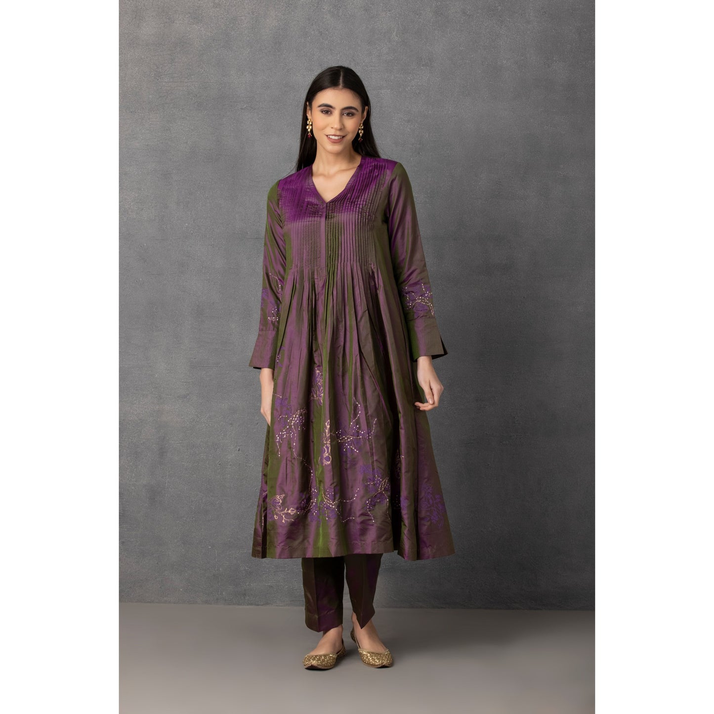M10-12 WINE GOLDEN KHADI EMBROIDERED KURTA COMES ALONG WITH PANTS AND DUPATTA