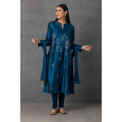 M10-13 DARK BLUE GOLDEN KHADI EMBROIDERED KURTA COMES ALONG WITH PANTS AND DUPATTA