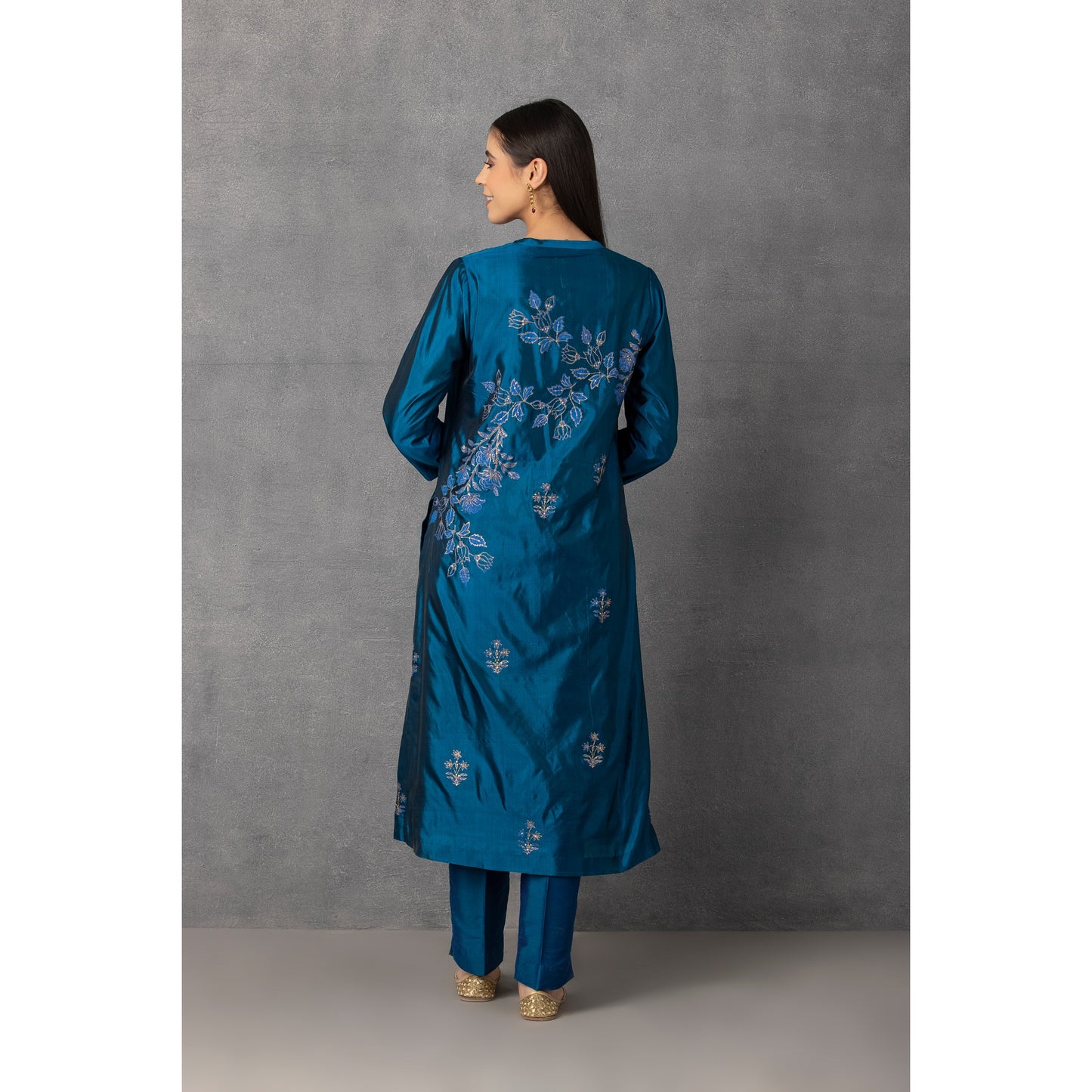M10-13 DARK BLUE GOLDEN KHADI EMBROIDERED KURTA COMES ALONG WITH PANTS AND DUPATTA