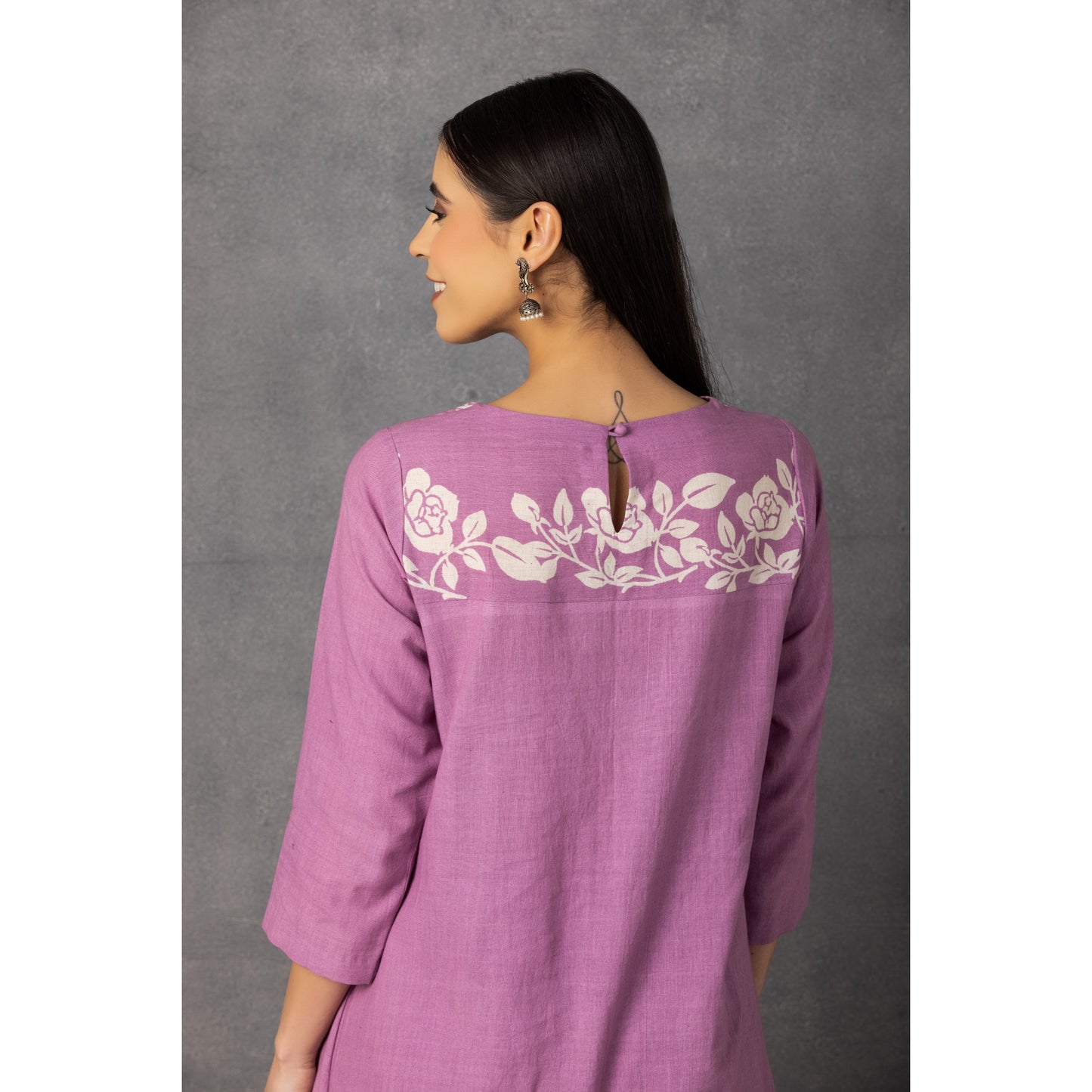 M9-06 LAVENDER SOFT KHADI PRINTED ASYMMETRICAL TUNIC SET
