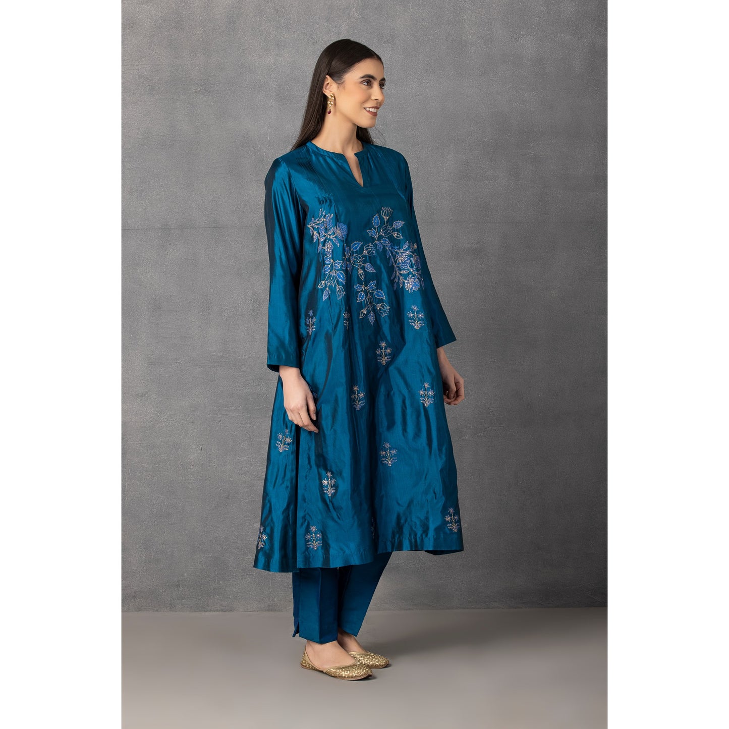 M10-13 DARK BLUE GOLDEN KHADI EMBROIDERED KURTA COMES ALONG WITH PANTS AND DUPATTA