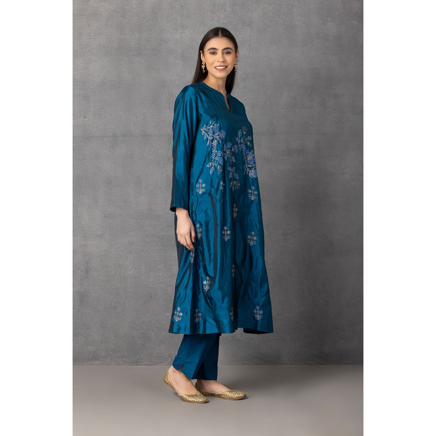 M10-13 DARK BLUE GOLDEN KHADI EMBROIDERED KURTA COMES ALONG WITH PANTS AND DUPATTA