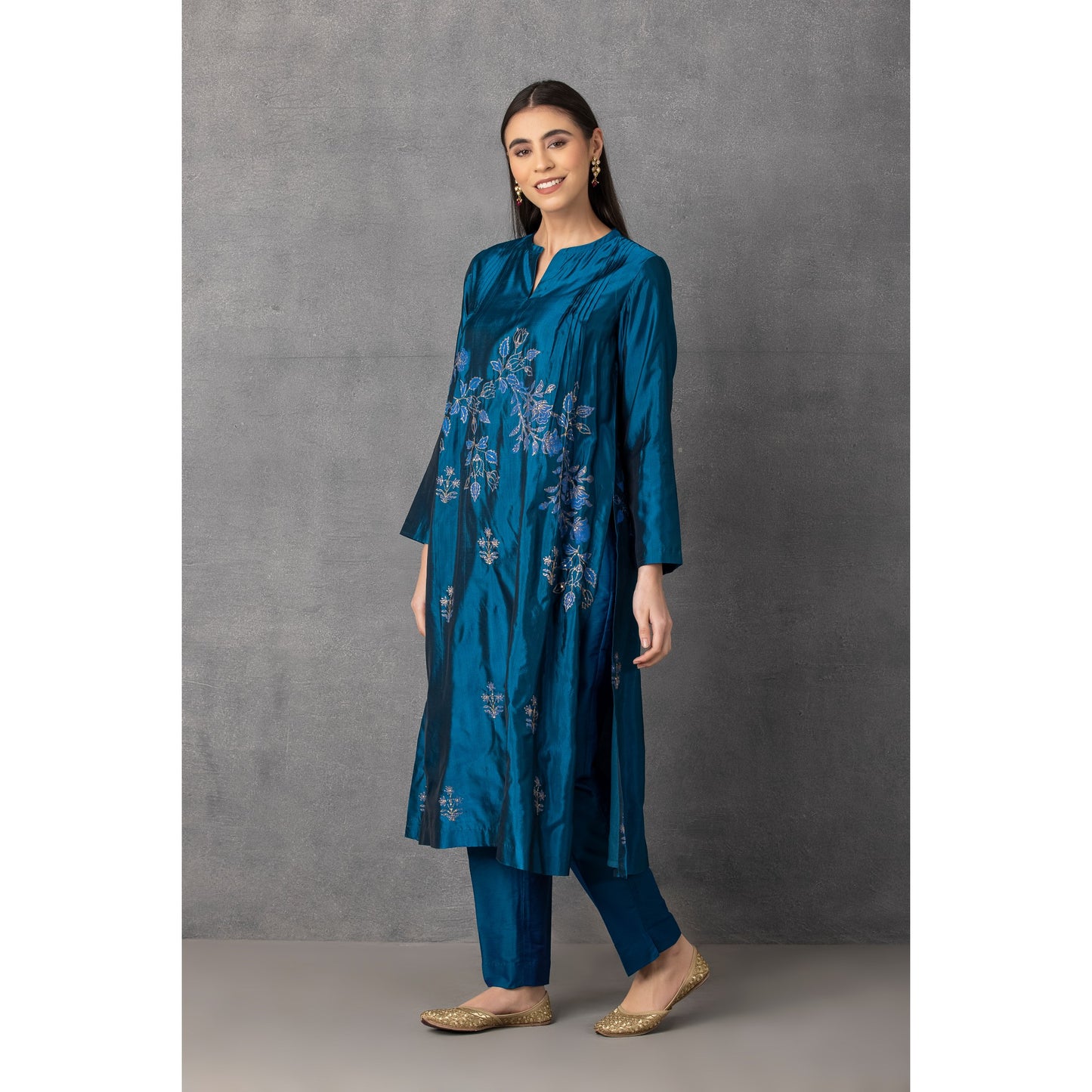 M10-13 DARK BLUE GOLDEN KHADI EMBROIDERED KURTA COMES ALONG WITH PANTS AND DUPATTA