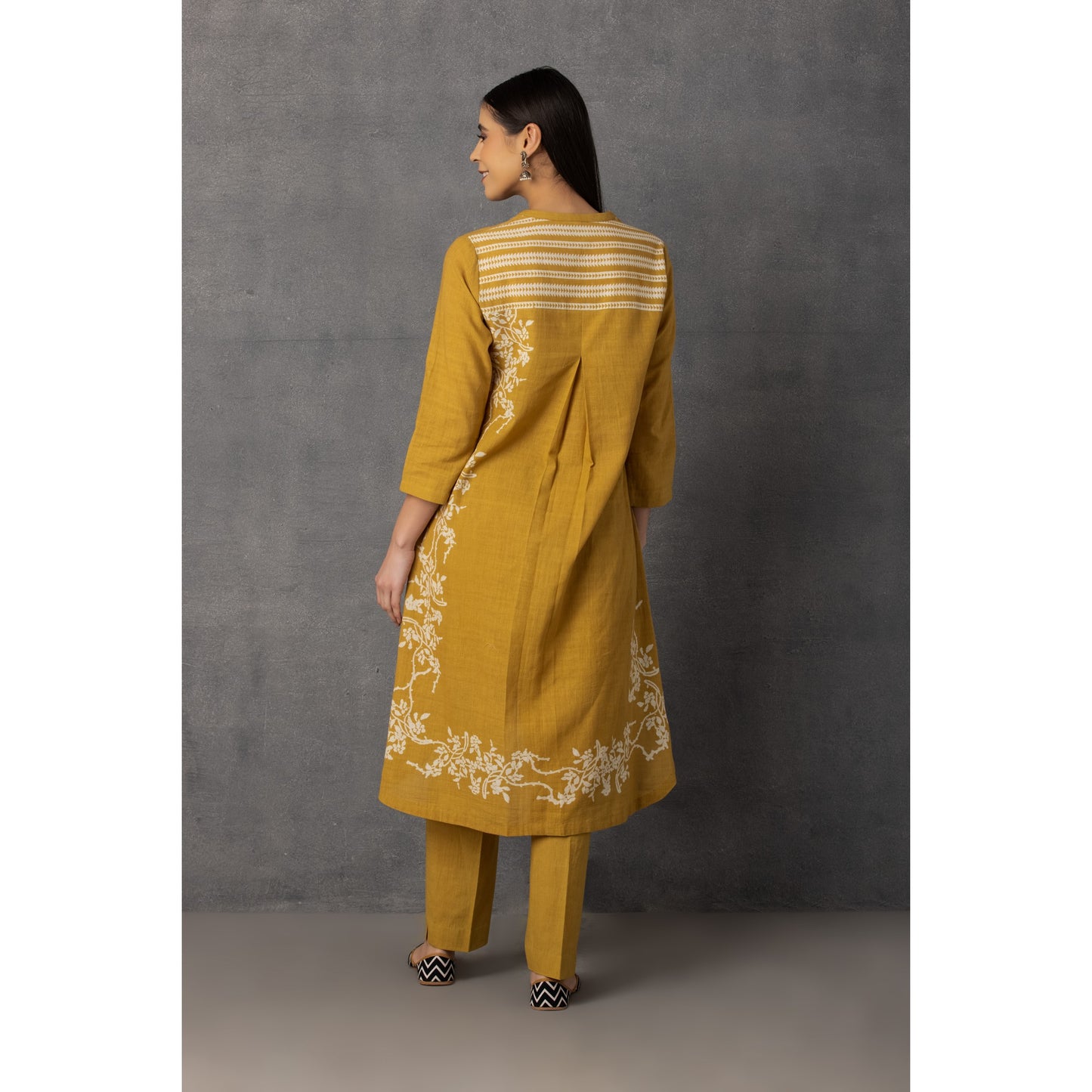 M9-08 YELLOW SOFT KHADI PRINTED ASYMMETRICAL TUNIC SET