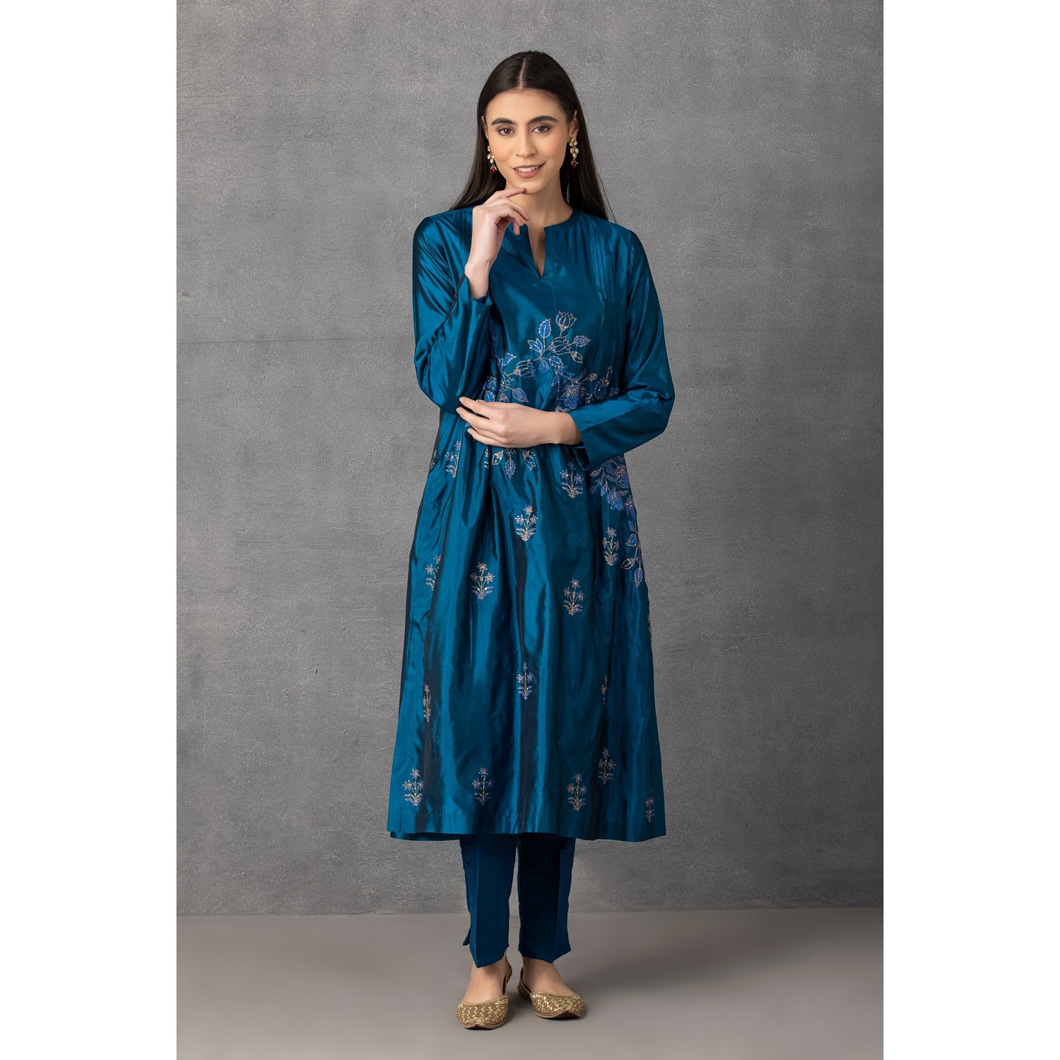 M10-13 DARK BLUE GOLDEN KHADI EMBROIDERED KURTA COMES ALONG WITH PANTS AND DUPATTA
