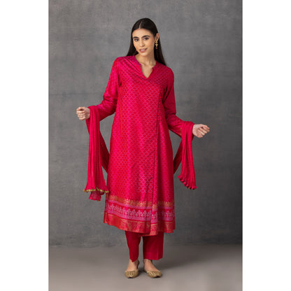 M10-14 HOT PINK GOLDEN KHADI EMBROIDERED ANGRAKHA KURTA COMES ALONG WITH PANTS AND DUPATTA