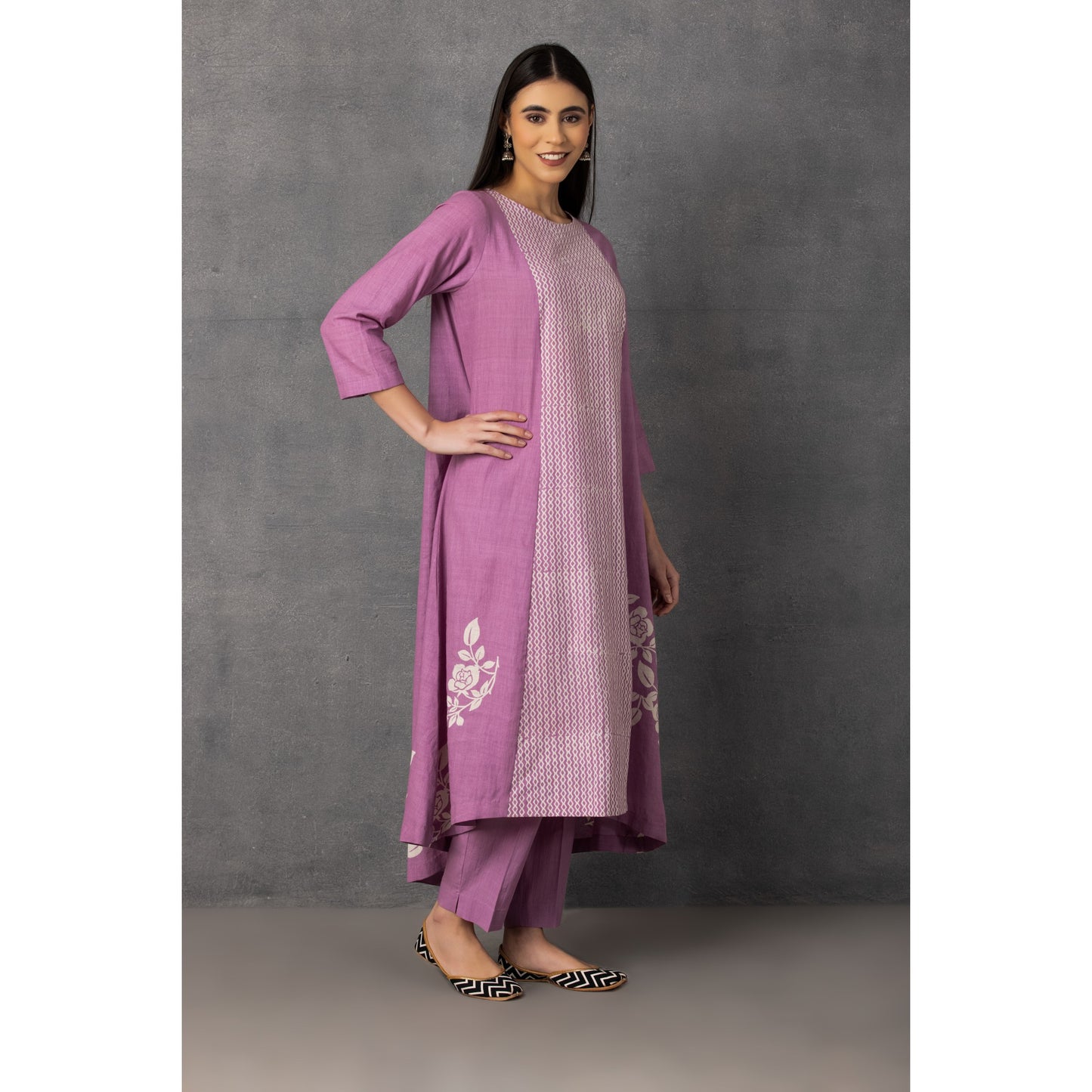 M9-06 LAVENDER SOFT KHADI PRINTED ASYMMETRICAL TUNIC SET