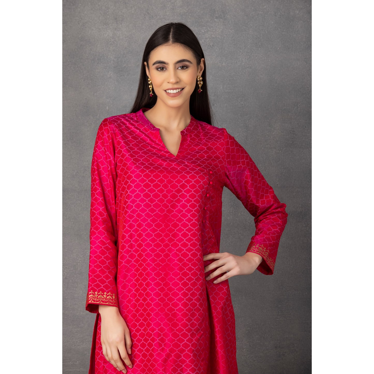 M10-14 HOT PINK GOLDEN KHADI EMBROIDERED ANGRAKHA KURTA COMES ALONG WITH PANTS AND DUPATTA