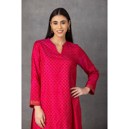 M10-14 HOT PINK GOLDEN KHADI EMBROIDERED ANGRAKHA KURTA COMES ALONG WITH PANTS AND DUPATTA