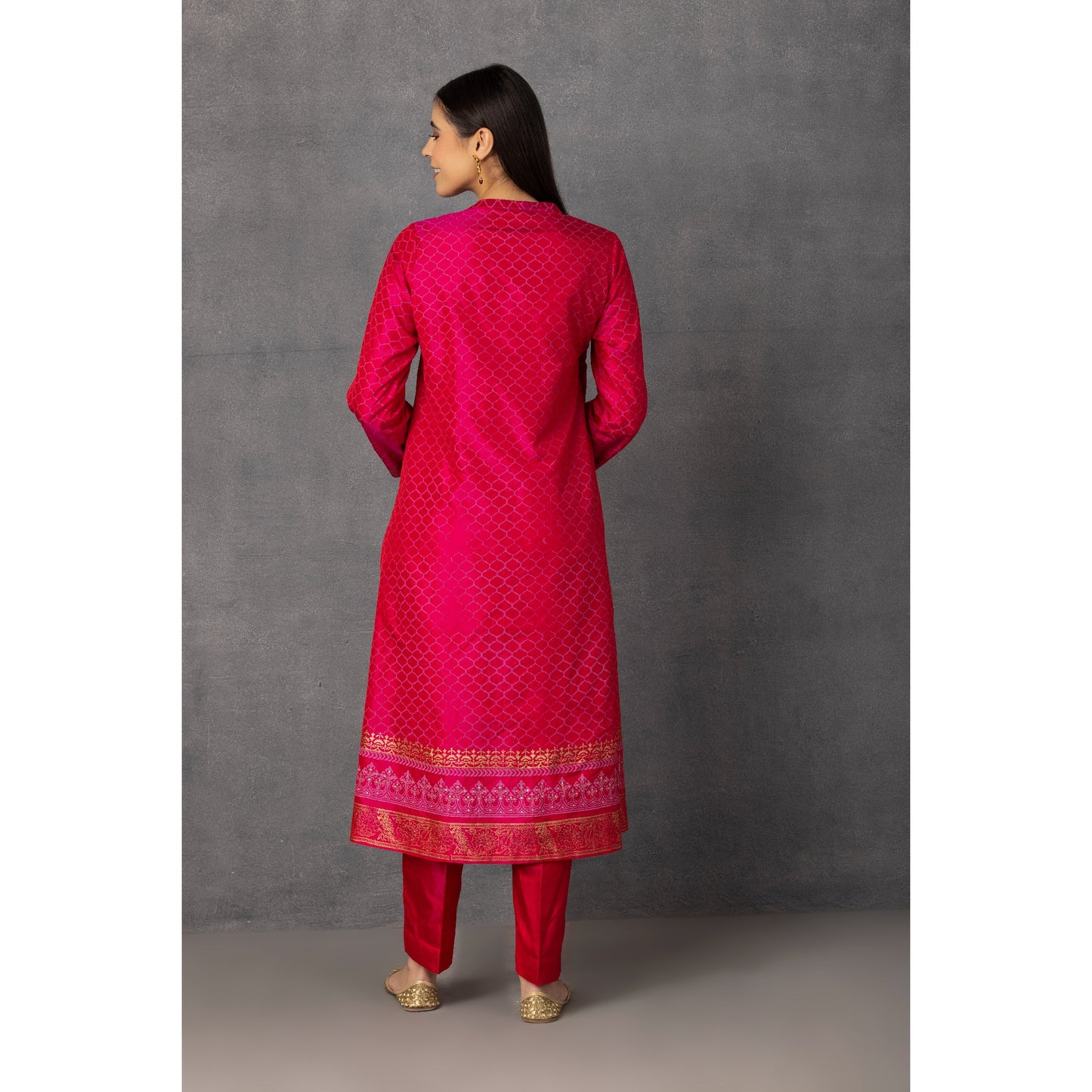 M10-14 HOT PINK GOLDEN KHADI EMBROIDERED ANGRAKHA KURTA COMES ALONG WITH PANTS AND DUPATTA