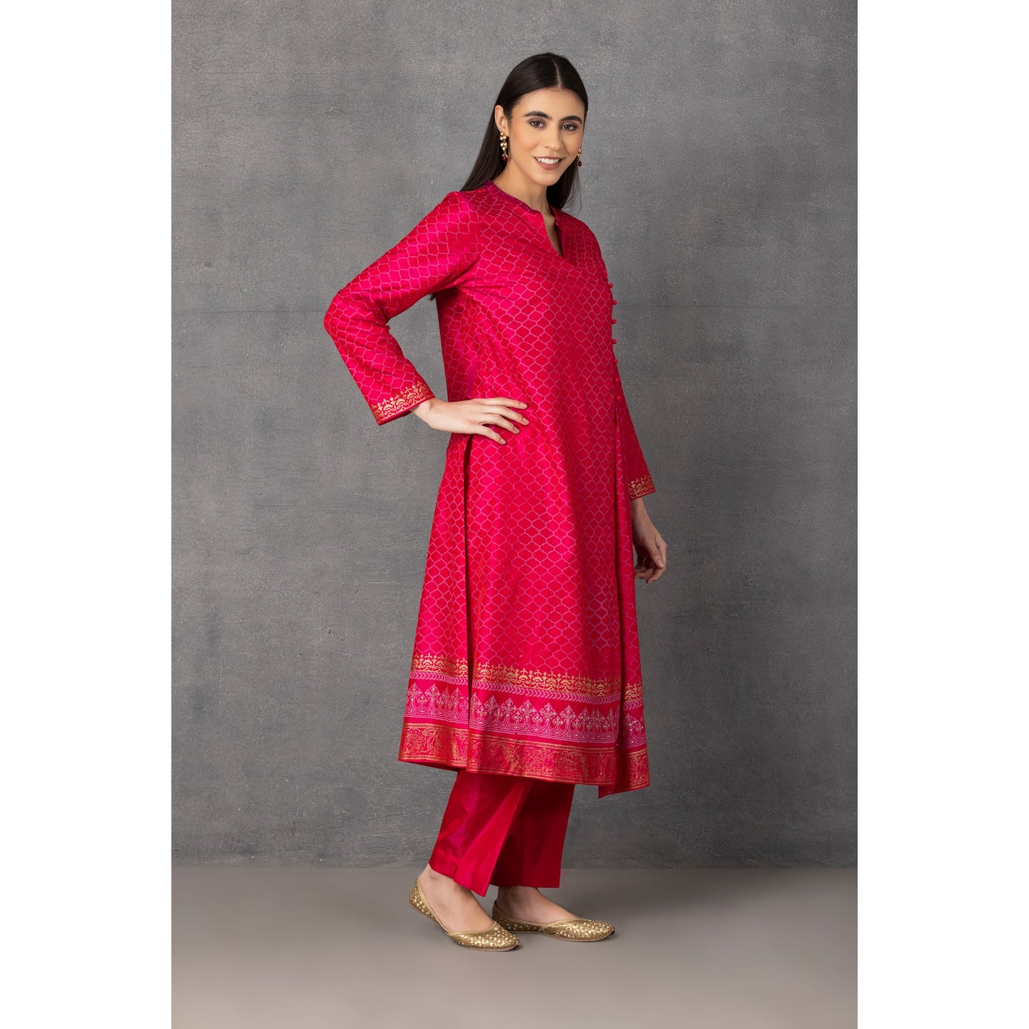 M10-14 HOT PINK GOLDEN KHADI EMBROIDERED ANGRAKHA KURTA COMES ALONG WITH PANTS AND DUPATTA